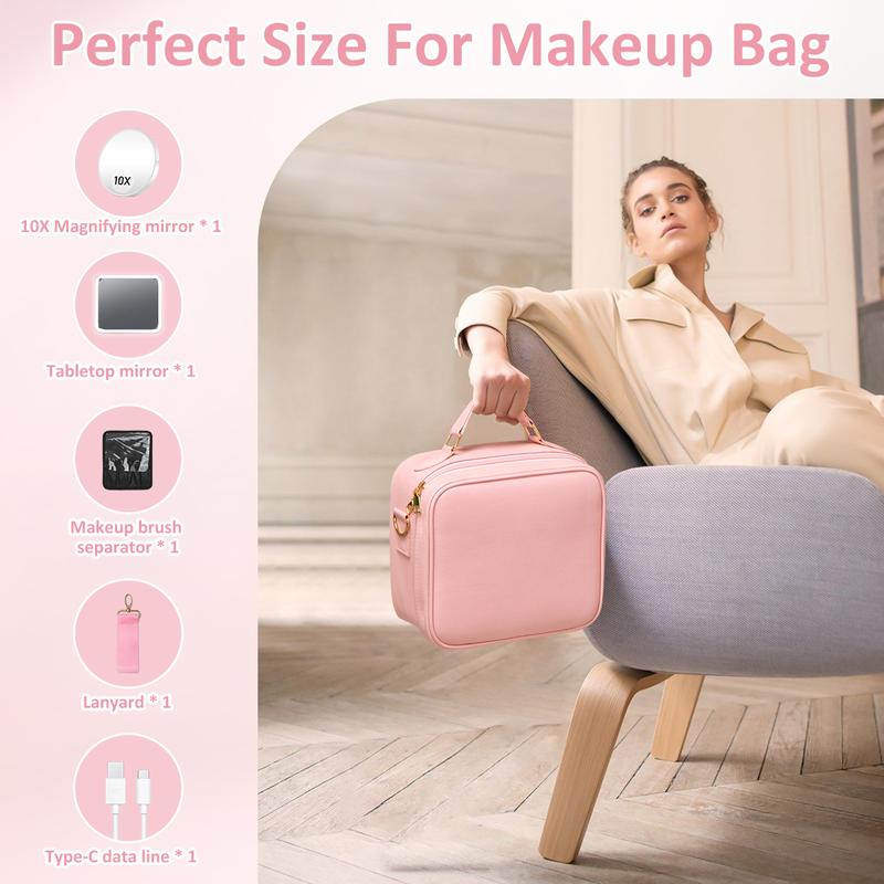 Portable Pink Makeup Bag with LED Mirror and Adjustable Brightness - Large Capacity Cosmetic Organizer Case with Detachable Storage Box and Brush Bag