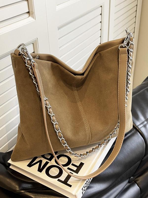 Women's Solid Color Chain Decorated Tote Bag, Fashionable Large Capacity Shoulder Bag for Daily Used, Casual Trendy Versatile High-quality Daily Commuting Bag