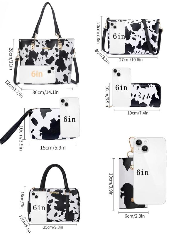 Women's Fashionable Cow Print Tote Bag & Crossbody Bag & Pouch & Wristlet & Wallet, Casual Trendy Versatile High-quality Daily Commuting Bag Set