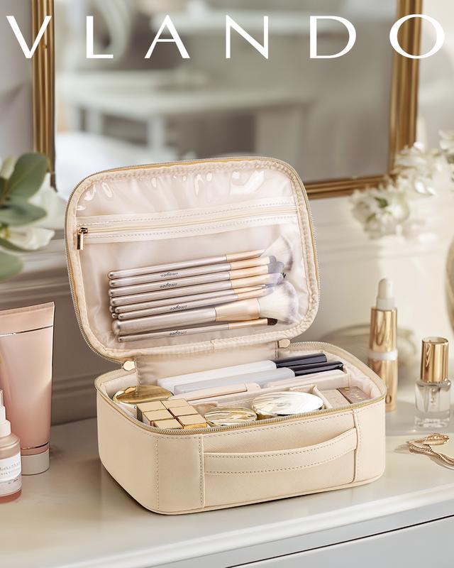 VLANDO Travel Makeup Bag,Portable Cosmetic Bag Makeup Case Organizer, Makeup Bag with Adjustable Dividers for Women, Girls, Weeding, Cosmetic Brushes,Toiletry, Summer Graduation Gifts