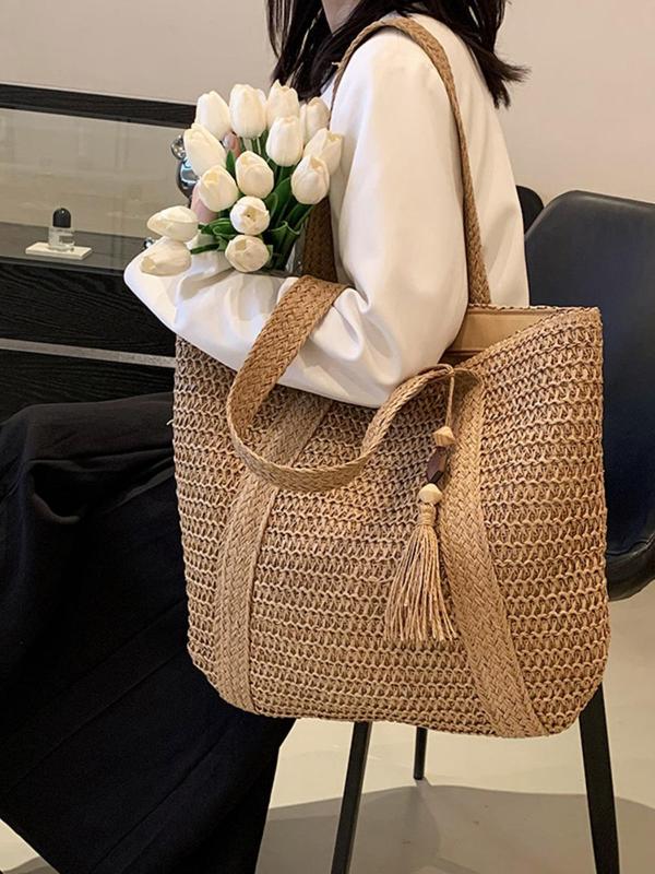 Women's Minimalist Casual Plain Color Straw Tote Bag, Large Capacity Casual Fashion Outdoor Beach Bag with Bag Charm Decor, Casual Trendy Versatile High-quality Daily Commuting Bag