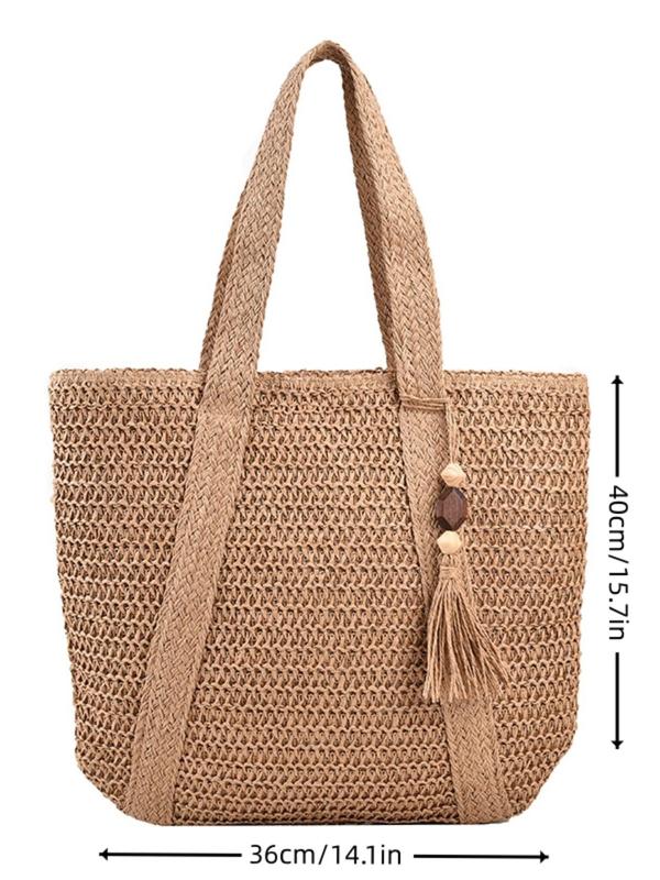 Women's Minimalist Casual Plain Color Straw Tote Bag, Large Capacity Casual Fashion Outdoor Beach Bag with Bag Charm Decor, Casual Trendy Versatile High-quality Daily Commuting Bag