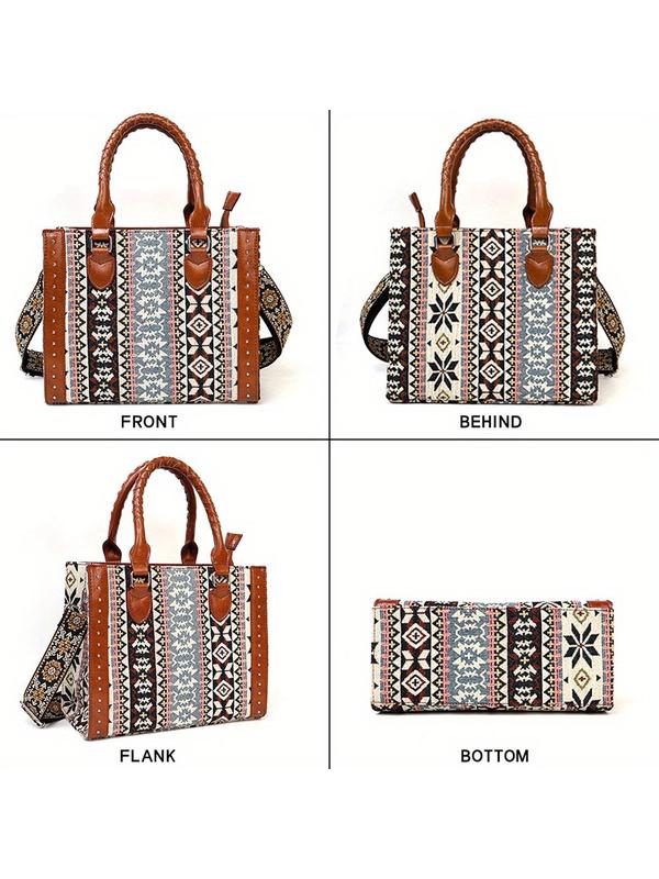 Boho Style Ethnic Pattern Tote Bag, Large Capacity Shoulder Bag with Detachable Strap, Fashionable Crossbody Bag for Women