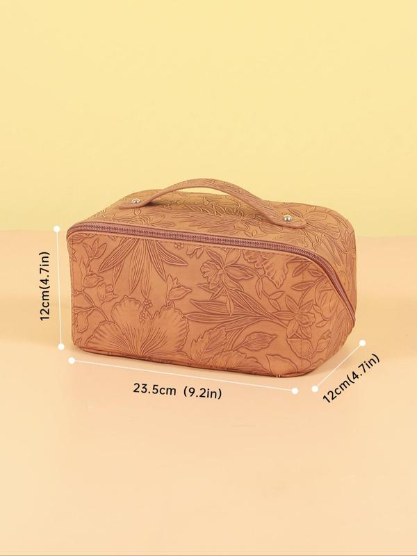 2024 Summer Solid Color Floral Embossed Makeup Bag, Large Capacity Multi-functional Retro Style Cosmetic Bag, Women's Handbag