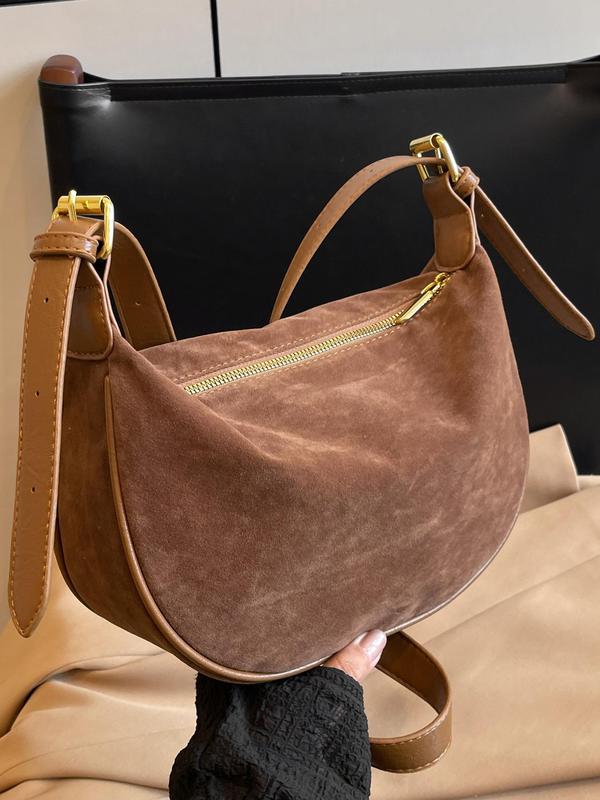 Women's Solid Velvet Zipper Crossbody Bag, Fashionable Large Capacity Shoulder Bag for Daily Used, Casual Trendy Versatile High-quality Daily Commuting Bag