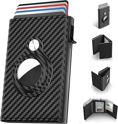 Smart wallet card holder for mens: leather, slim, carbon fiber, minimalist-9-14 card capacity, gift for friend, family member | ID