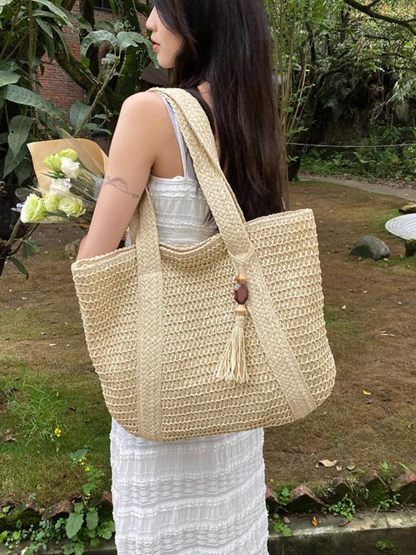 Women's Minimalist Casual Plain Color Straw Tote Bag, Large Capacity Casual Fashion Outdoor Beach Bag with Bag Charm Decor, Casual Trendy Versatile High-quality Daily Commuting Bag