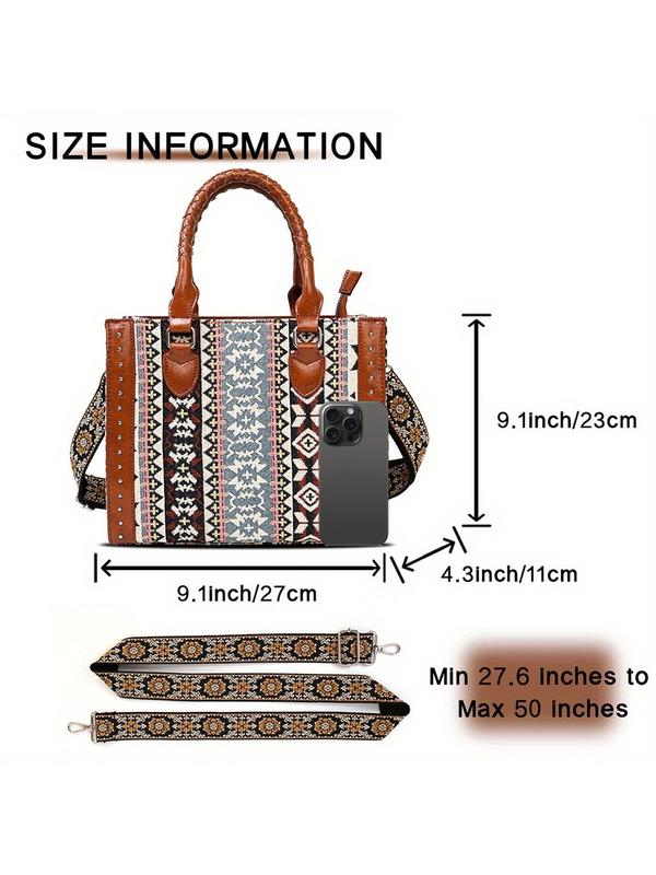 Boho Style Ethnic Pattern Tote Bag, Large Capacity Shoulder Bag with Detachable Strap, Fashionable Crossbody Bag for Women