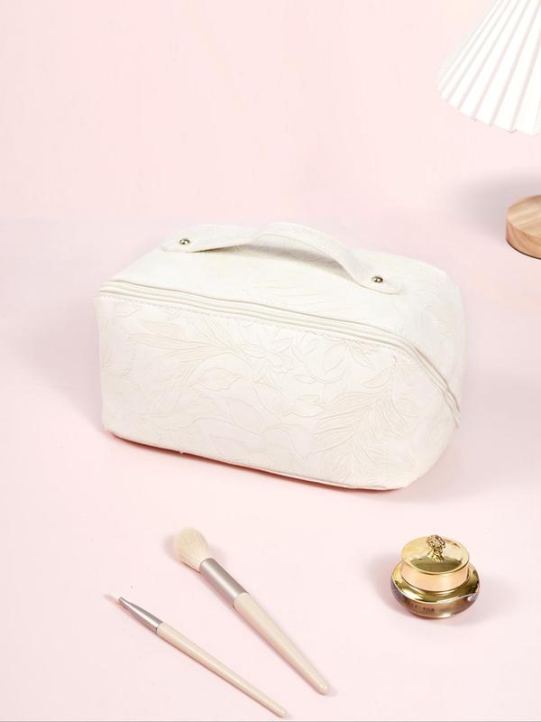 2024 Summer Solid Color Floral Embossed Makeup Bag, Large Capacity Multi-functional Retro Style Cosmetic Bag, Women's Handbag