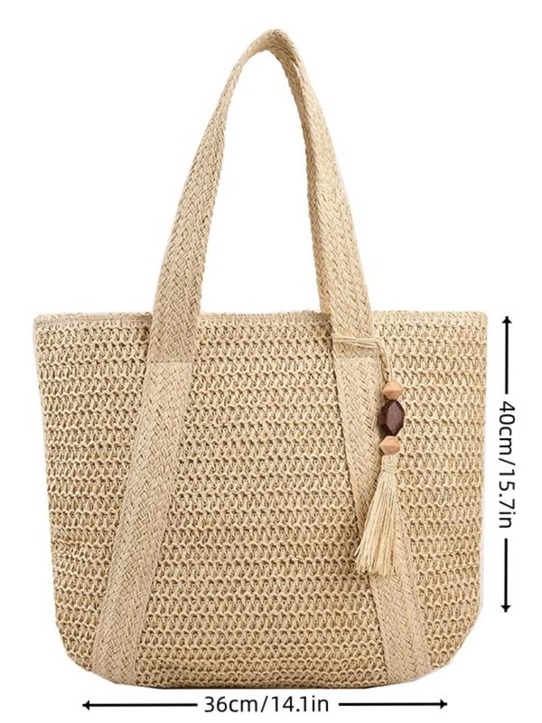 Women's Minimalist Casual Plain Color Straw Tote Bag, Large Capacity Casual Fashion Outdoor Beach Bag with Bag Charm Decor, Casual Trendy Versatile High-quality Daily Commuting Bag