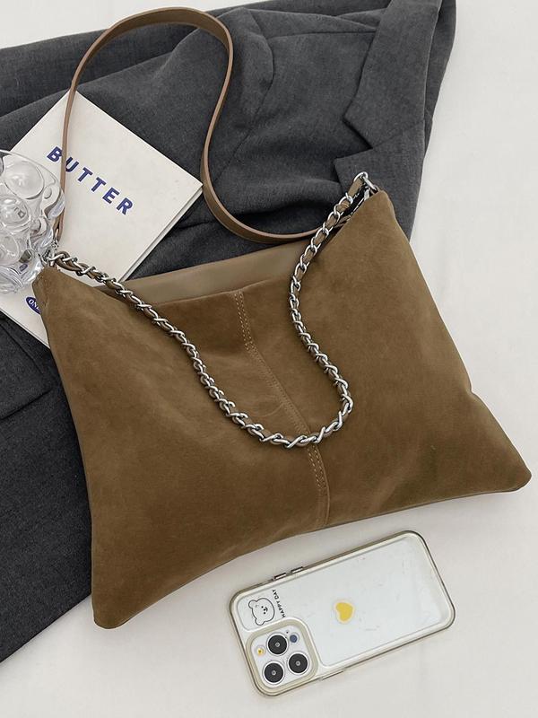 Women's Solid Color Chain Decorated Tote Bag, Fashionable Large Capacity Shoulder Bag for Daily Used, Casual Trendy Versatile High-quality Daily Commuting Bag