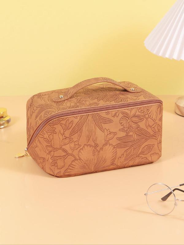 2024 Summer Solid Color Floral Embossed Makeup Bag, Large Capacity Multi-functional Retro Style Cosmetic Bag, Women's Handbag