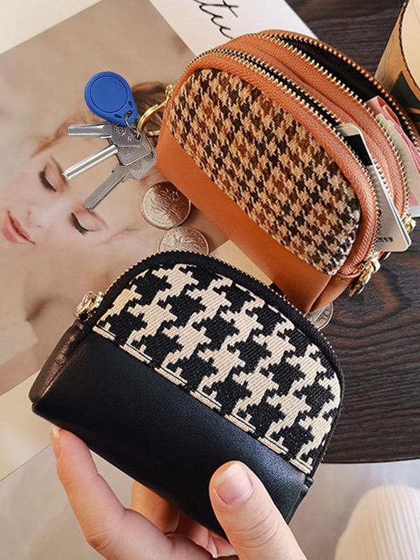 Women's Houndstooth Pattern Zipper Short Wallet, Fashionable PU Leather Double Zipper Coin Holder, Casual Versatile Wallet for Daily Use