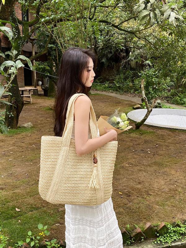 Women's Minimalist Casual Plain Color Straw Tote Bag, Large Capacity Casual Fashion Outdoor Beach Bag with Bag Charm Decor, Casual Trendy Versatile High-quality Daily Commuting Bag