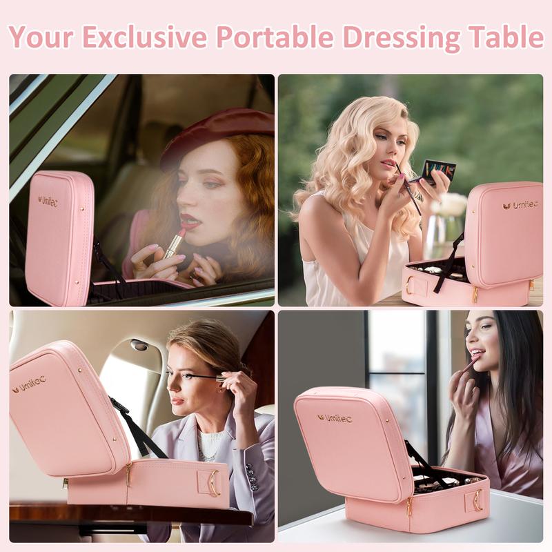 Portable Pink Makeup Bag with LED Mirror and Adjustable Brightness - Large Capacity Cosmetic Organizer Case with Detachable Storage Box and Brush Bag