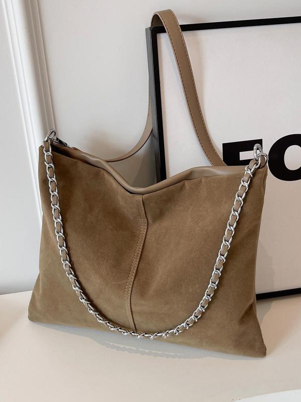Women's Solid Color Chain Decorated Tote Bag, Fashionable Large Capacity Shoulder Bag for Daily Used, Casual Trendy Versatile High-quality Daily Commuting Bag
