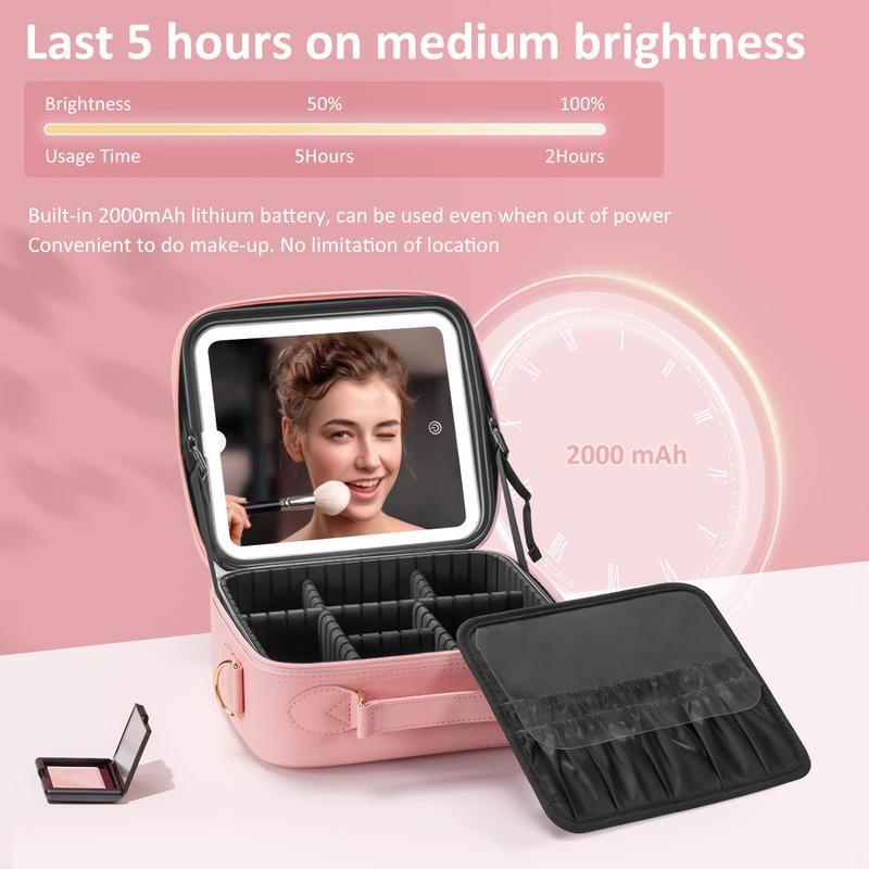 Portable Pink Makeup Bag with LED Mirror and Adjustable Brightness - Large Capacity Cosmetic Organizer Case with Detachable Storage Box and Brush Bag