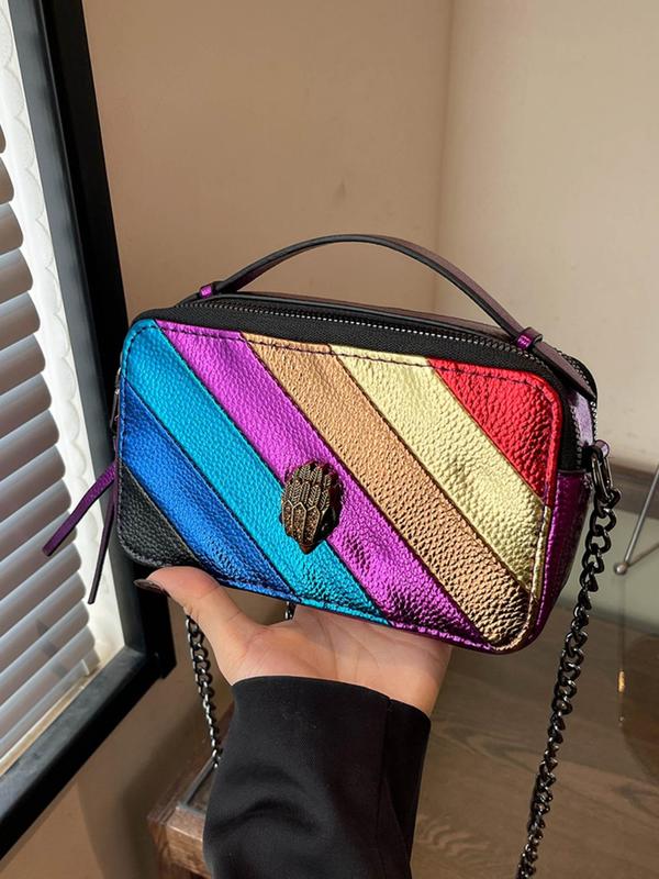 Fashionable Rainbow Striped Decorated Rhinestone Eagle Design Crossbody Bag, Casual PU Leather Zipper Shoulder Bag for Women, Trendy All-match Commuter Bag for Daily Used