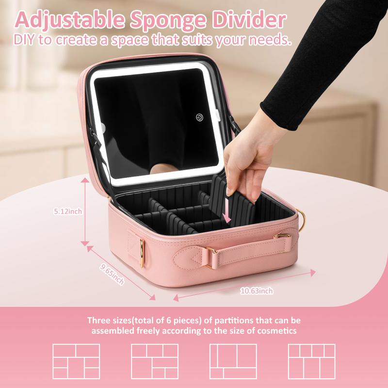 Portable Pink Makeup Bag with LED Mirror and Adjustable Brightness - Large Capacity Cosmetic Organizer Case with Detachable Storage Box and Brush Bag