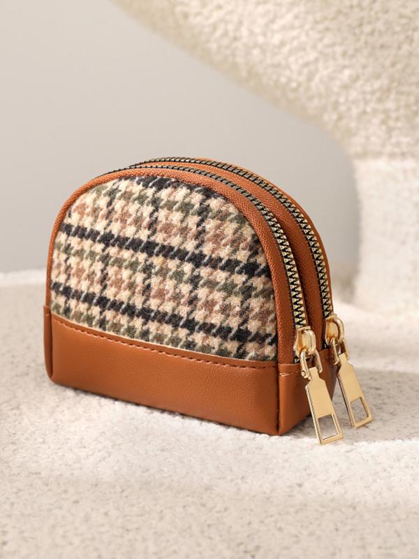Women's Houndstooth Pattern Zipper Short Wallet, Fashionable PU Leather Double Zipper Coin Holder, Casual Versatile Wallet for Daily Use