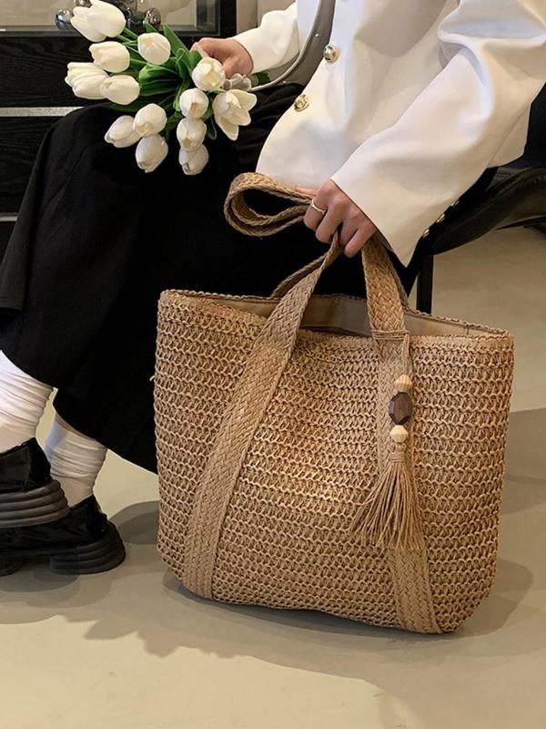 Women's Minimalist Casual Plain Color Straw Tote Bag, Large Capacity Casual Fashion Outdoor Beach Bag with Bag Charm Decor, Casual Trendy Versatile High-quality Daily Commuting Bag