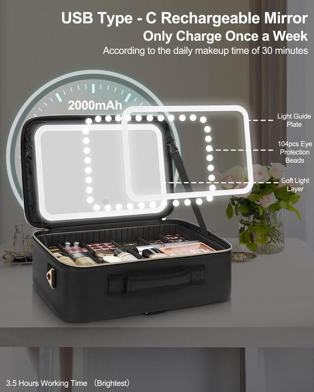 Travel Make-up Case with LEDMirror with 3-colour LED Lighted AdjustableDividers,Make-up Case with Mirror Make-upBags mutipul colore