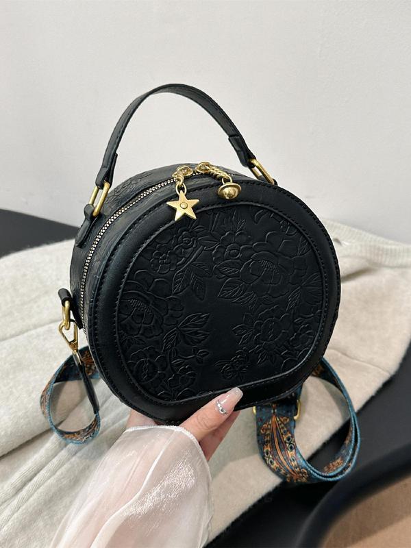 Women's Fashionable Vintage Flower Pattern Handbag, Casual PU Leather Zipper Round Bag for Daily Used, Trendy Versatile High-quality Daily Commuting Bag