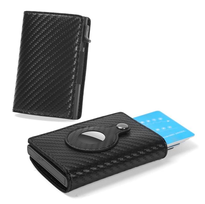 Mens Smart Wallet Card Holder: Leather, RFID Blocking, Slim, Carbon Fiber, Minimalist - 9-14 Card Capacity | ID Window | Cash Slot (Black)
