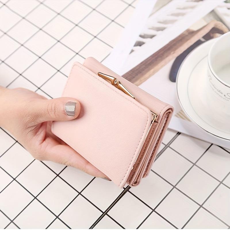 Women's Heart Decor Short Wallet, Solid Color Coin Purse, Casual Trifold Credit Card Case