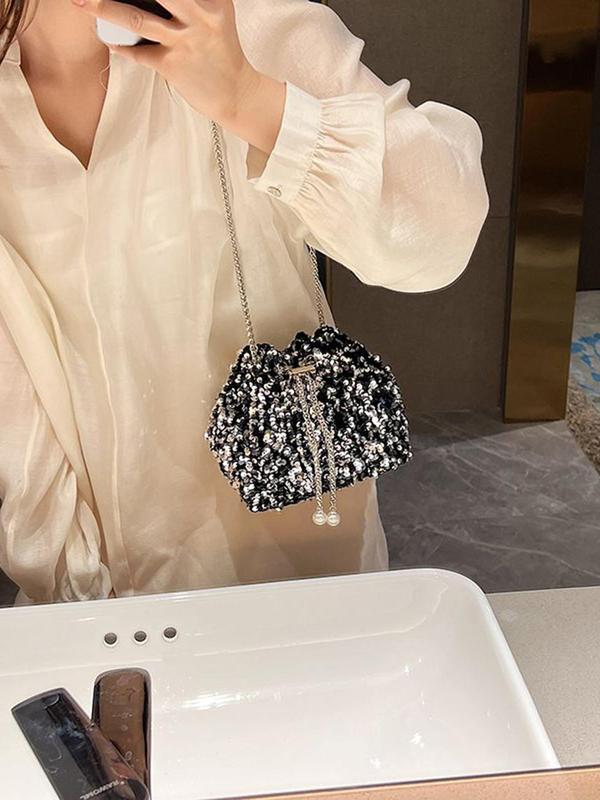 Women's Elegant Rhinestone Decorated Chain Strap Shoulder Bag, Exquisite Trendy Drawstring Design Crossbody Bag, Fashionable Bag for Party Decoration