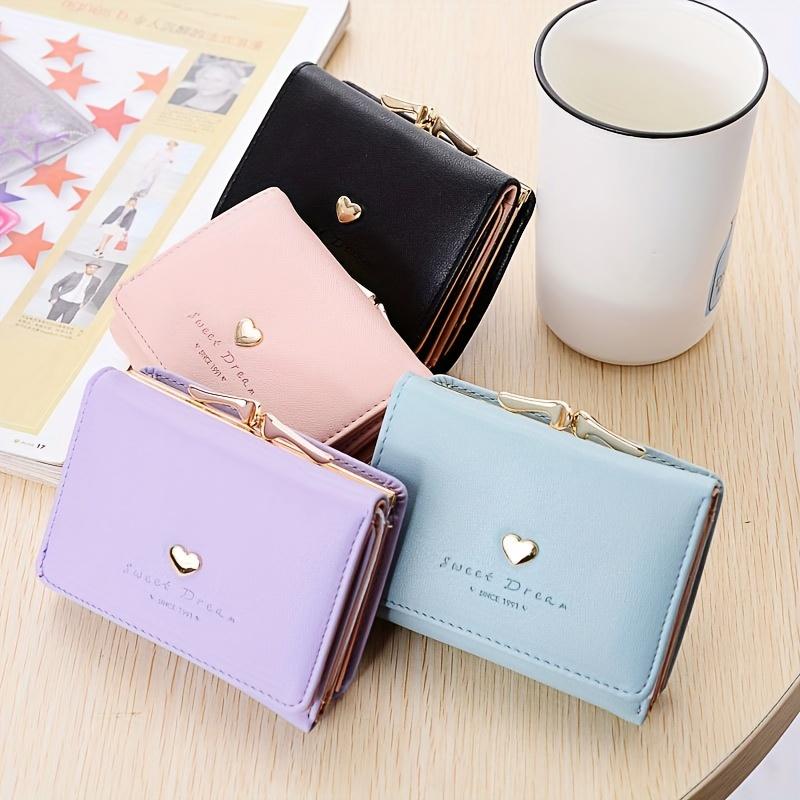 Women's Heart Decor Short Wallet, Solid Color Coin Purse, Casual Trifold Credit Card Case