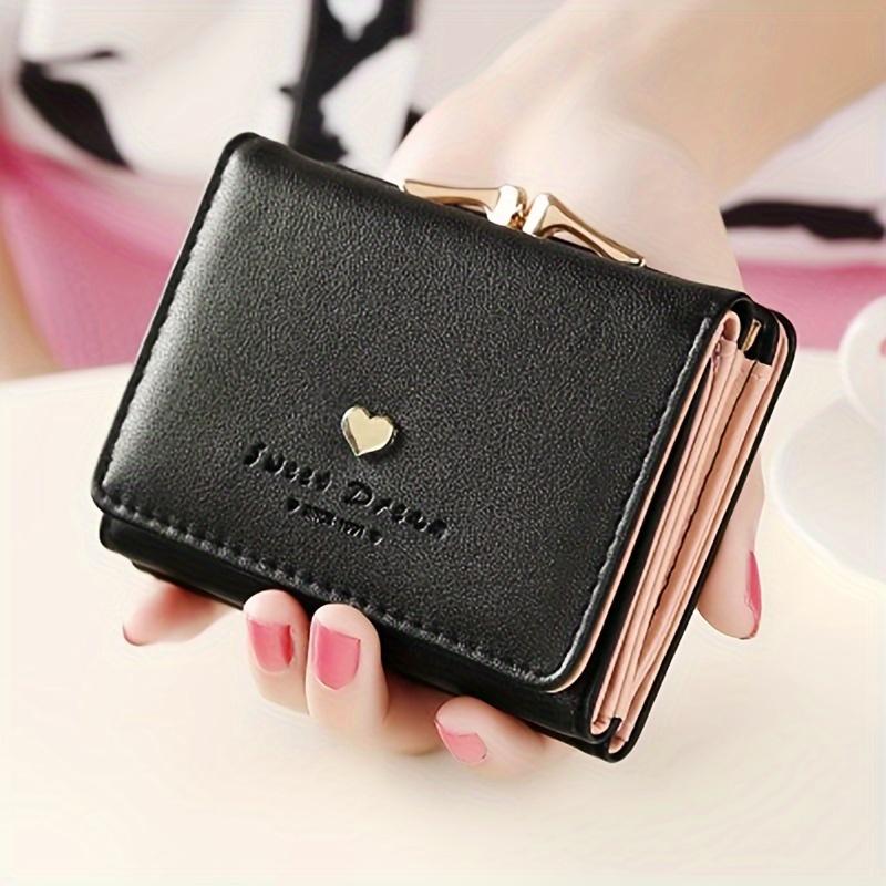 Women's Heart Decor Short Wallet, Solid Color Coin Purse, Casual Trifold Credit Card Case