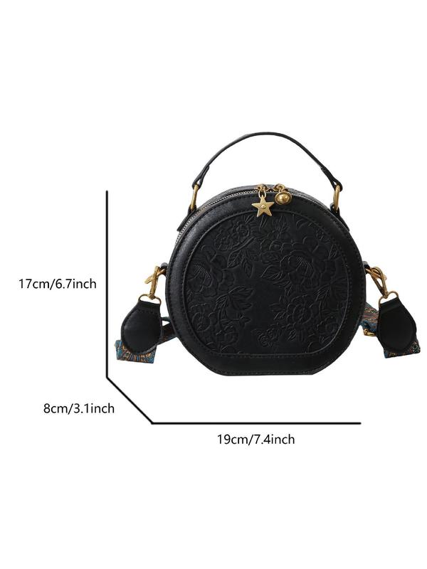 Women's Fashionable Vintage Flower Pattern Handbag, Casual PU Leather Zipper Round Bag for Daily Used, Trendy Versatile High-quality Daily Commuting Bag