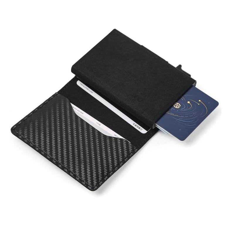 Mens Smart Wallet Card Holder: Leather, RFID Blocking, Slim, Carbon Fiber, Minimalist - 9-14 Card Capacity | ID Window | Cash Slot (Black)