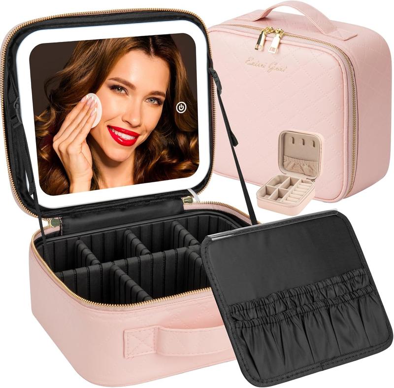 Makeup Travel Case With LED Lighted Mirror, Portable Waterproof, Adjustable Brightness Professional Makeup Bag with Makeup Brush Accessories & Toolkit