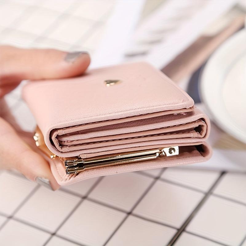 Women's Heart Decor Short Wallet, Solid Color Coin Purse, Casual Trifold Credit Card Case