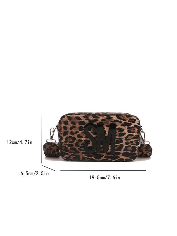 Fashion Leopard Pattern Letter Patched Decorated Crossbody Bag, Casual PU Leather Zipper Shoulder Bag for Women, Trendy All-match Commuter Bag for Daily Used