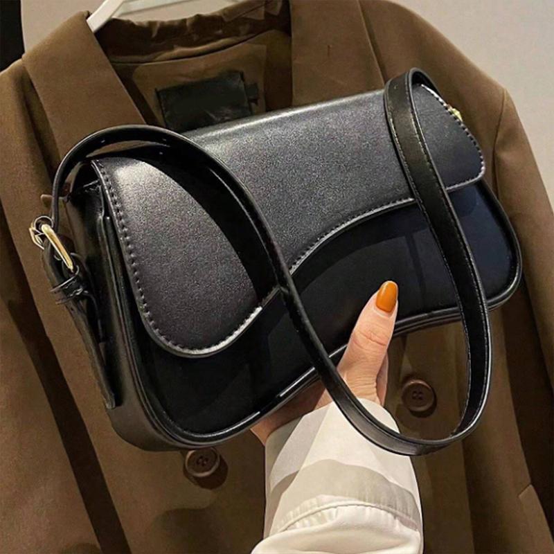 Women's PU Leather Saddle Bag Fashionable Simple Shoulder Bag Flip Design Solid Color Square Bag Versatile Handbag