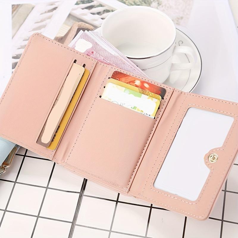 Women's Heart Decor Short Wallet, Solid Color Coin Purse, Casual Trifold Credit Card Case