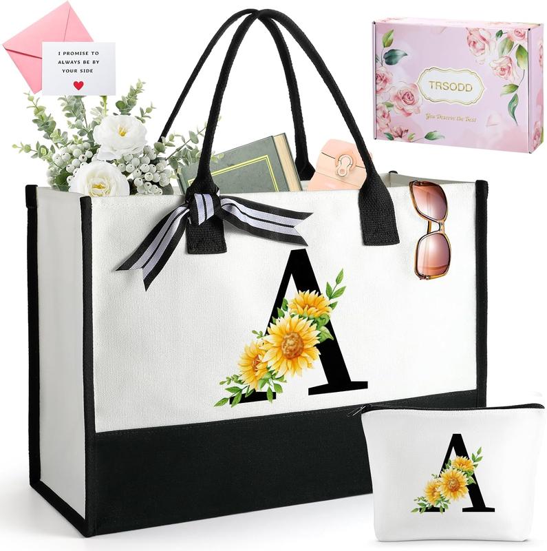 Christmas Sunflower Gifts, Floral Initial Tote Bag for Women, Canvas Tote Bag with Makeup Bag and Greeting Card and Gift Box