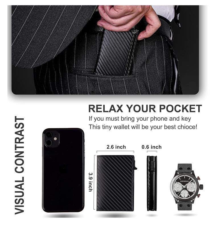 Mens Smart Wallet Card Holder: Leather, RFID Blocking, Slim, Carbon Fiber, Minimalist - 9-14 Card Capacity | ID Window | Cash Slot (Black)