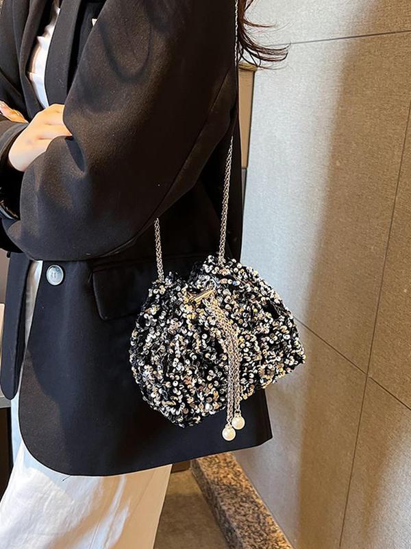 Women's Elegant Rhinestone Decorated Chain Strap Shoulder Bag, Exquisite Trendy Drawstring Design Crossbody Bag, Fashionable Bag for Party Decoration