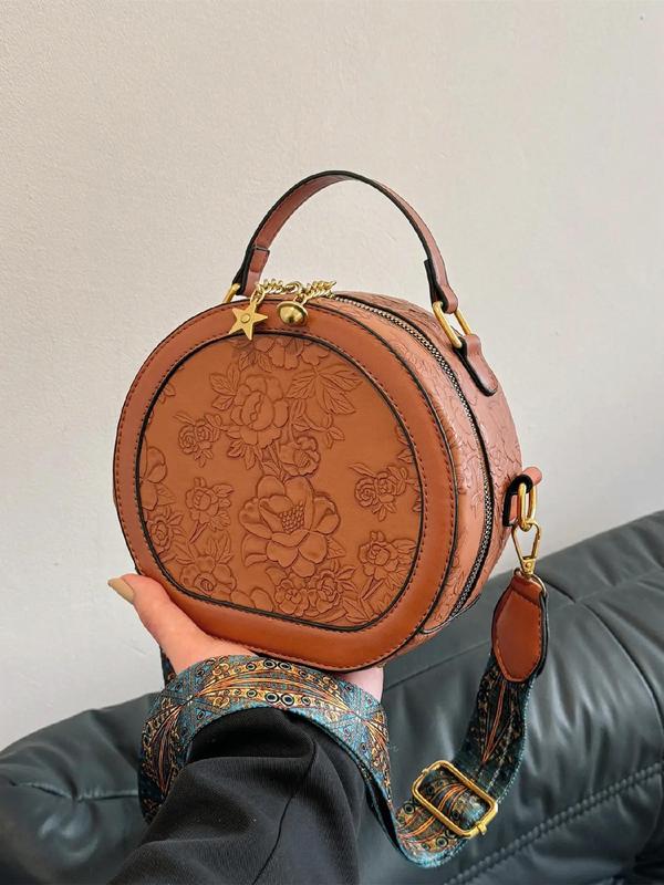 Women's Fashionable Vintage Flower Pattern Handbag, Casual PU Leather Zipper Round Bag for Daily Used, Trendy Versatile High-quality Daily Commuting Bag