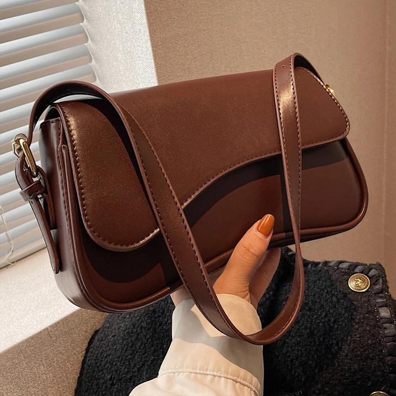 Women's PU Leather Saddle Bag Fashionable Simple Shoulder Bag Flip Design Solid Color Square Bag Versatile Handbag