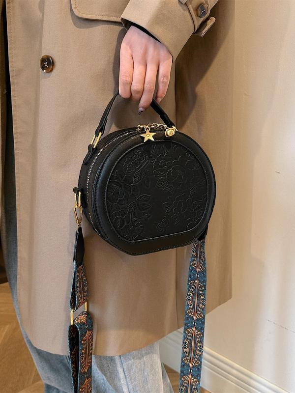 Women's Fashionable Vintage Flower Pattern Handbag, Casual PU Leather Zipper Round Bag for Daily Used, Trendy Versatile High-quality Daily Commuting Bag