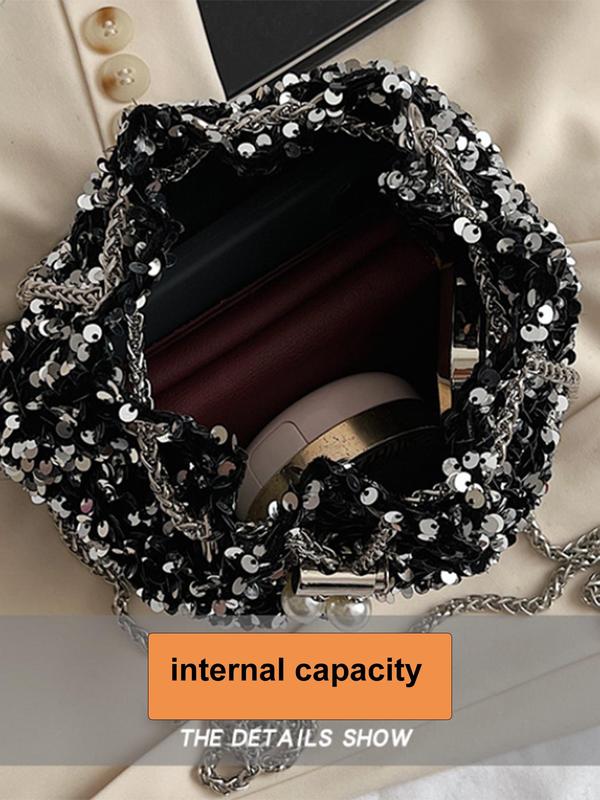 Women's Elegant Rhinestone Decorated Chain Strap Shoulder Bag, Exquisite Trendy Drawstring Design Crossbody Bag, Fashionable Bag for Party Decoration