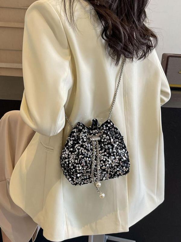 Women's Elegant Rhinestone Decorated Chain Strap Shoulder Bag, Exquisite Trendy Drawstring Design Crossbody Bag, Fashionable Bag for Party Decoration