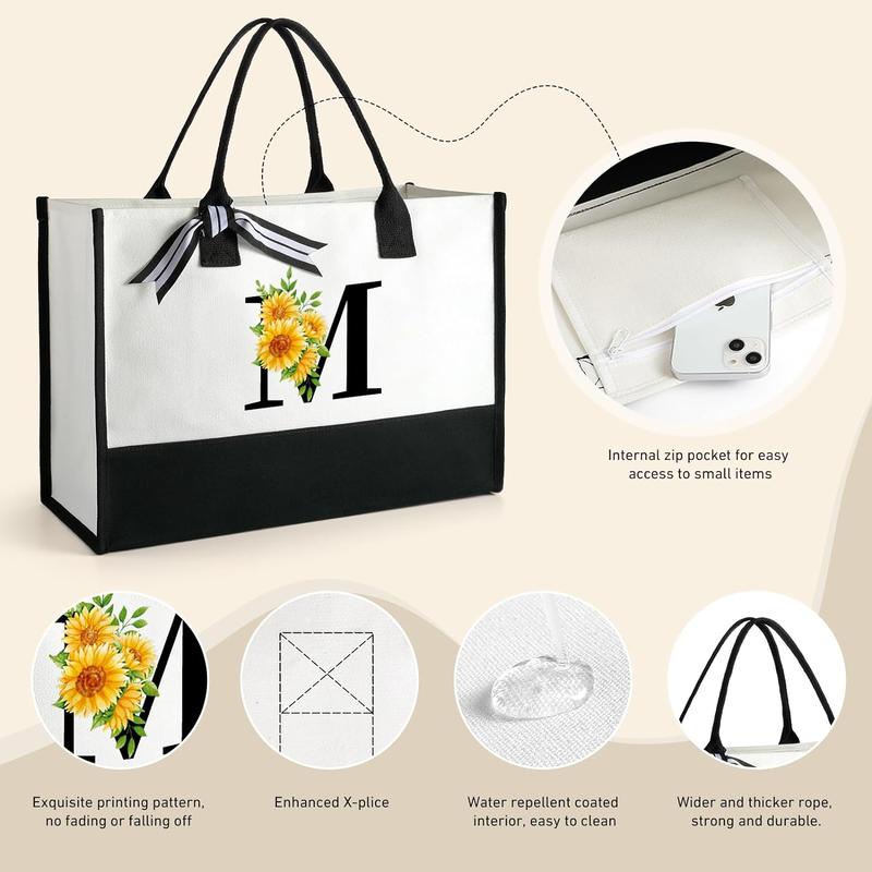 Christmas Sunflower Gifts, Floral Initial Tote Bag for Women, Canvas Tote Bag with Makeup Bag and Greeting Card and Gift Box