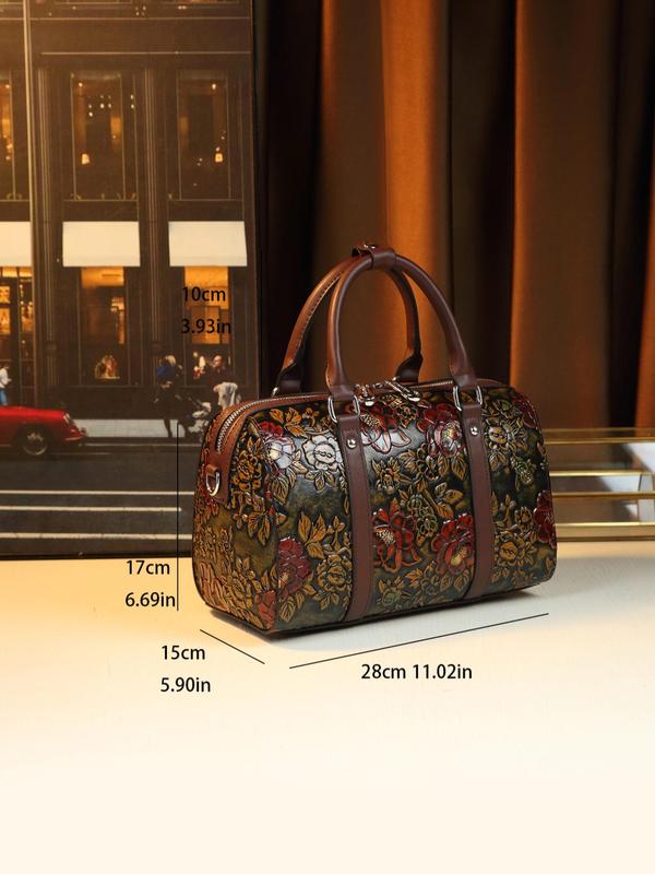 Women's Floral Embossed Boston Bag, Fashionable Large Capacity Shoulder Bag for Daily Used, Casual Trendy Versatile High-quality Daily Commuting Bag