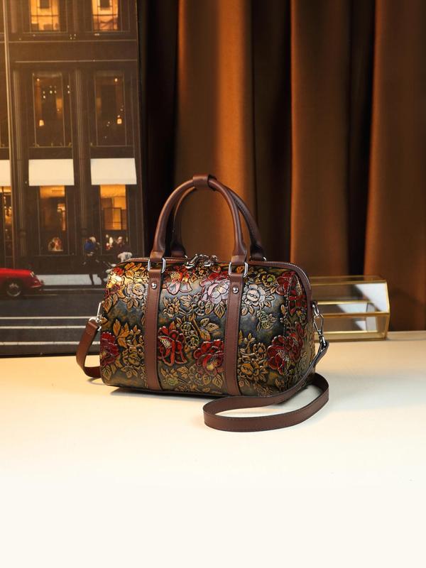 Women's Floral Embossed Boston Bag, Fashionable Large Capacity Shoulder Bag for Daily Used, Casual Trendy Versatile High-quality Daily Commuting Bag